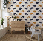 Elephant Pattern Wallpaper : Navy And Mustard Elephants On Beige - View 3