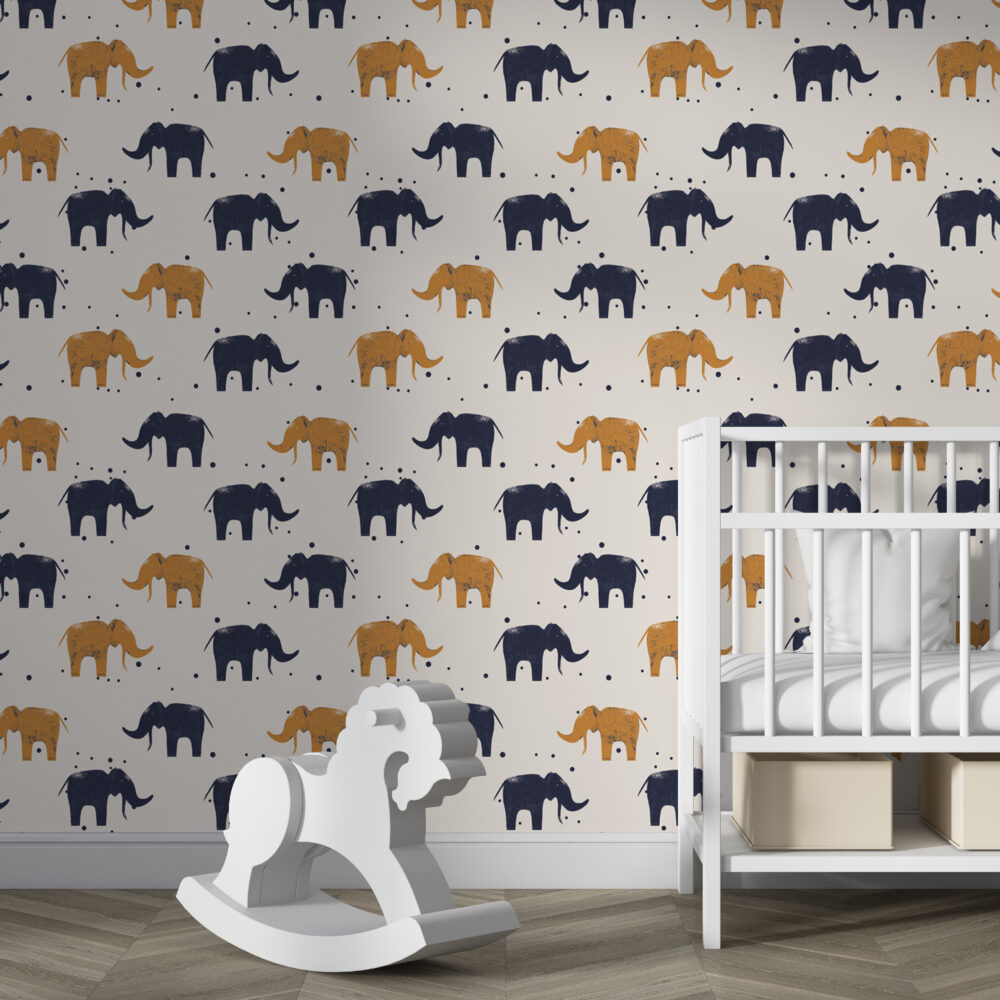 Elephant Pattern Wallpaper : Navy And Mustard Elephants On Beige - View 4