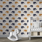Elephant Pattern Wallpaper : Navy And Mustard Elephants On Beige - View 4