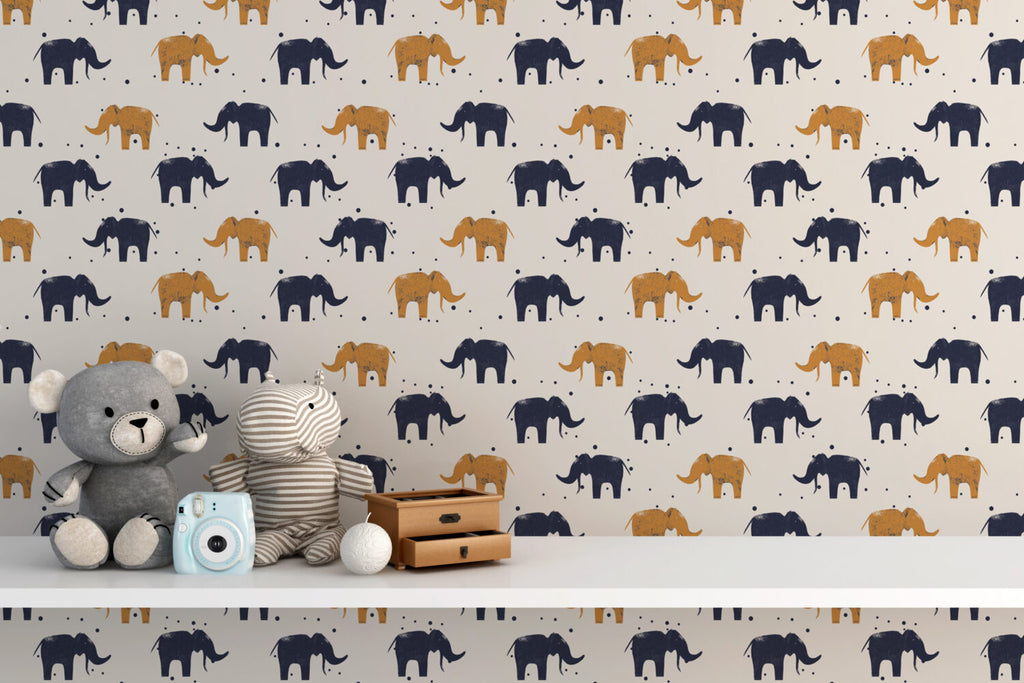 Elephant Pattern Wallpaper : Navy And Mustard Elephants On Beige - View 5