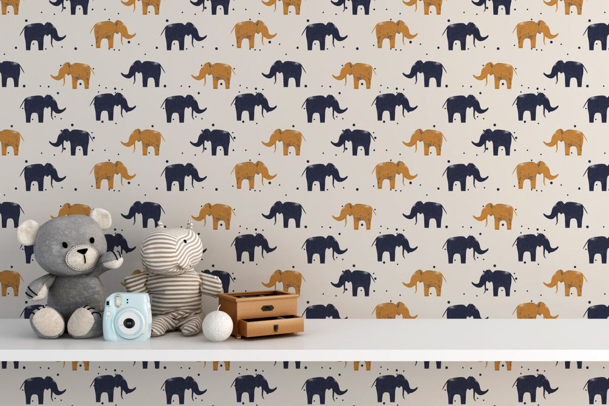 Elephant Pattern Wallpaper : Navy And Mustard Elephants On Beige - View 5