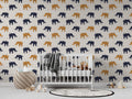Elephant Pattern Wallpaper : Navy And Mustard Elephants On Beige