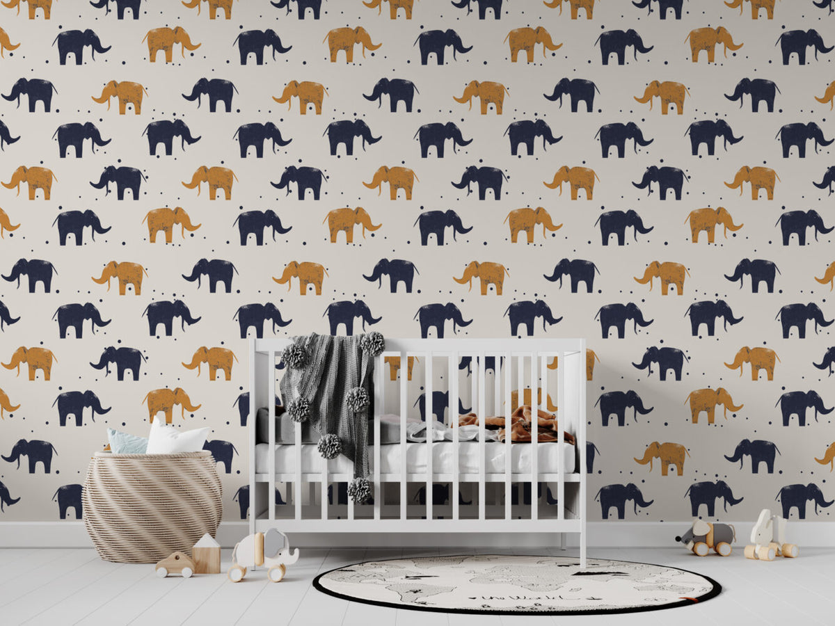 Elephant Pattern Wallpaper : Navy And Mustard Elephants On Beige