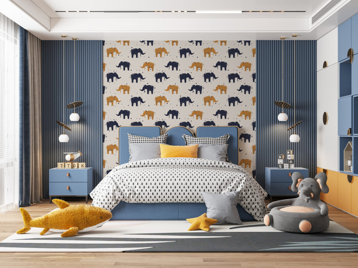 Elephant Pattern Wallpaper : Navy And Mustard Elephants On Beige - View 6