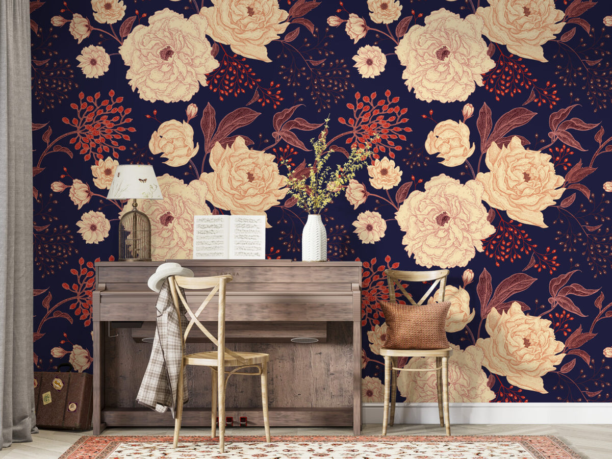 Navy Floral Wallpaper : Cream Peonies And Berries Pattern - View 3