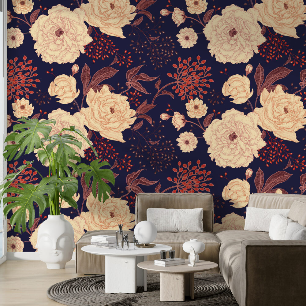 Navy Floral Wallpaper : Cream Peonies And Berries Pattern - View 4