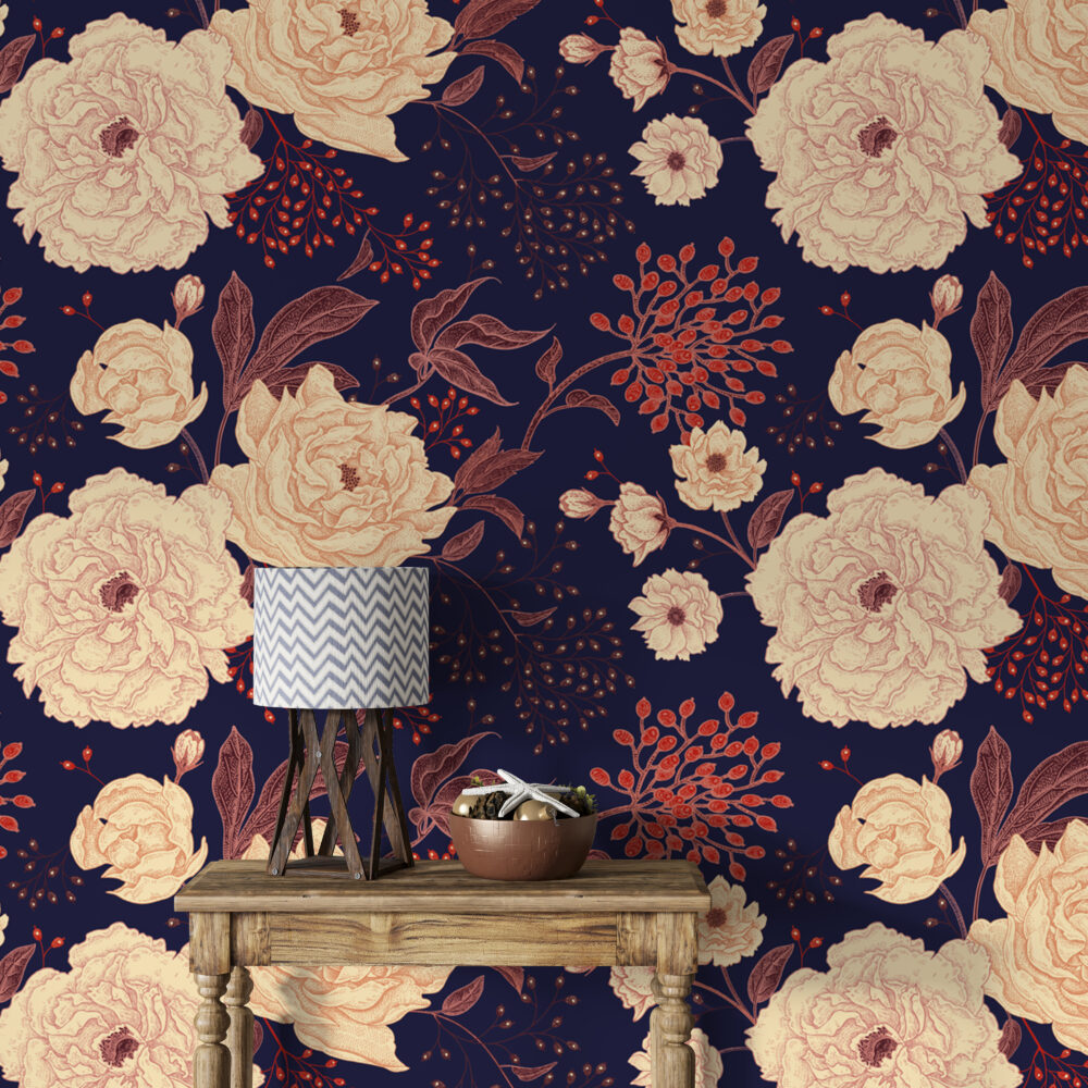 Navy Floral Wallpaper : Cream Peonies And Berries Pattern