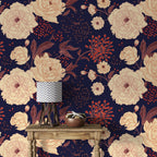 Navy Floral Wallpaper : Cream Peonies And Berries Pattern