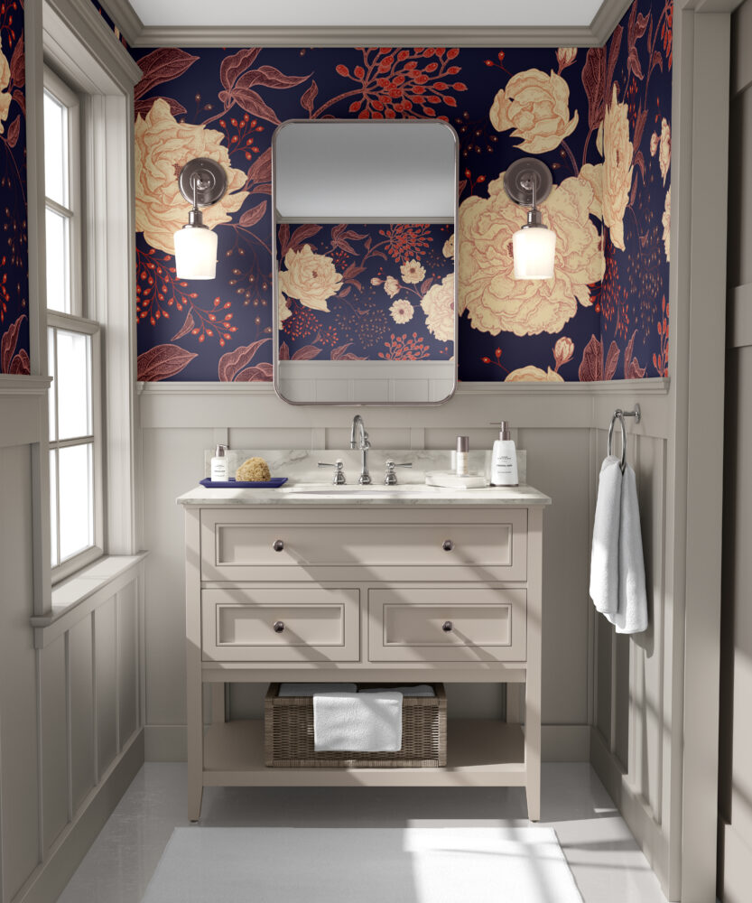 Navy Floral Wallpaper : Cream Peonies And Berries Pattern - View 5