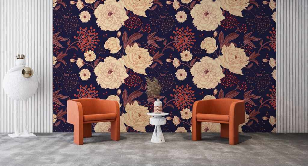 Navy Floral Wallpaper : Cream Peonies And Berries Pattern - View 6