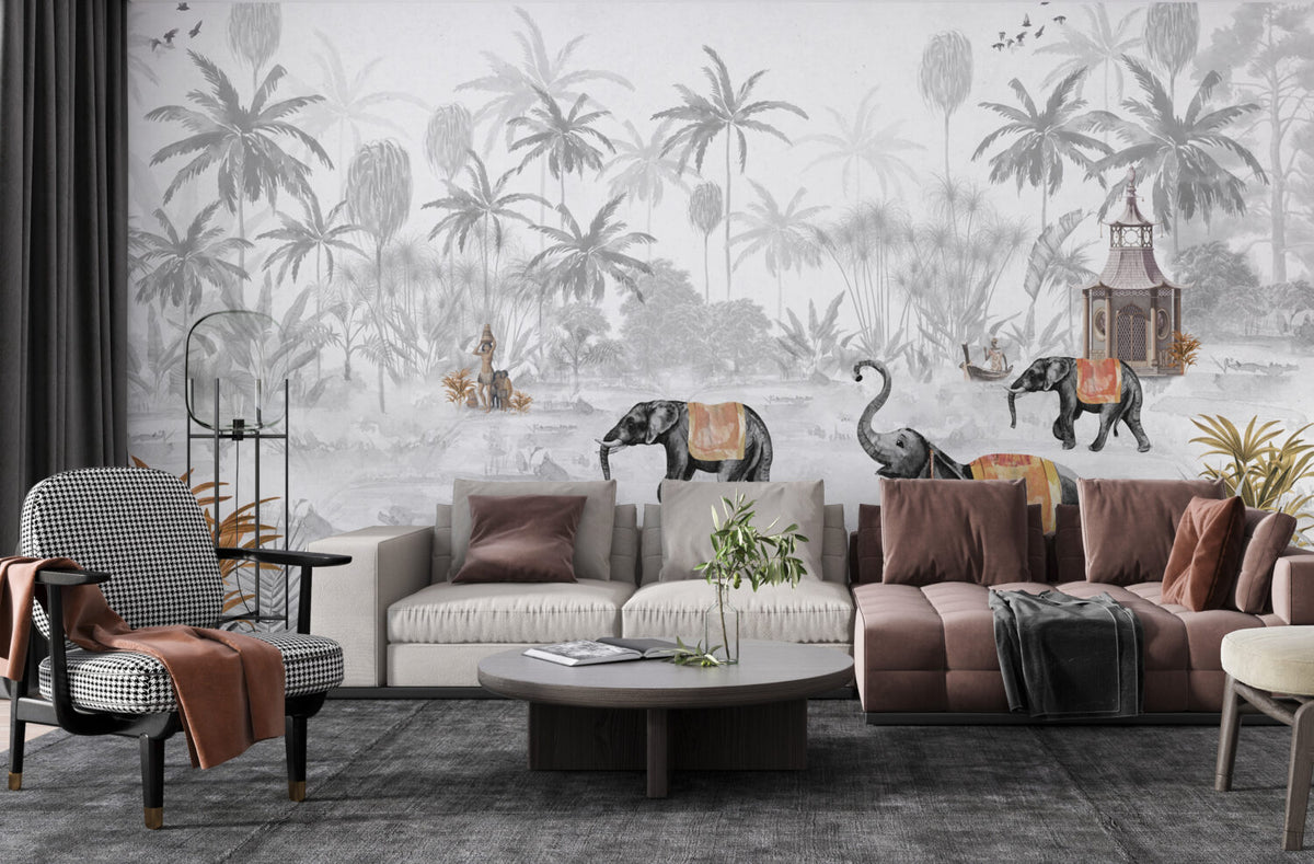 Grey Jungle Elephant Wallpaper : Misty Tropical Forest Mural - View 3