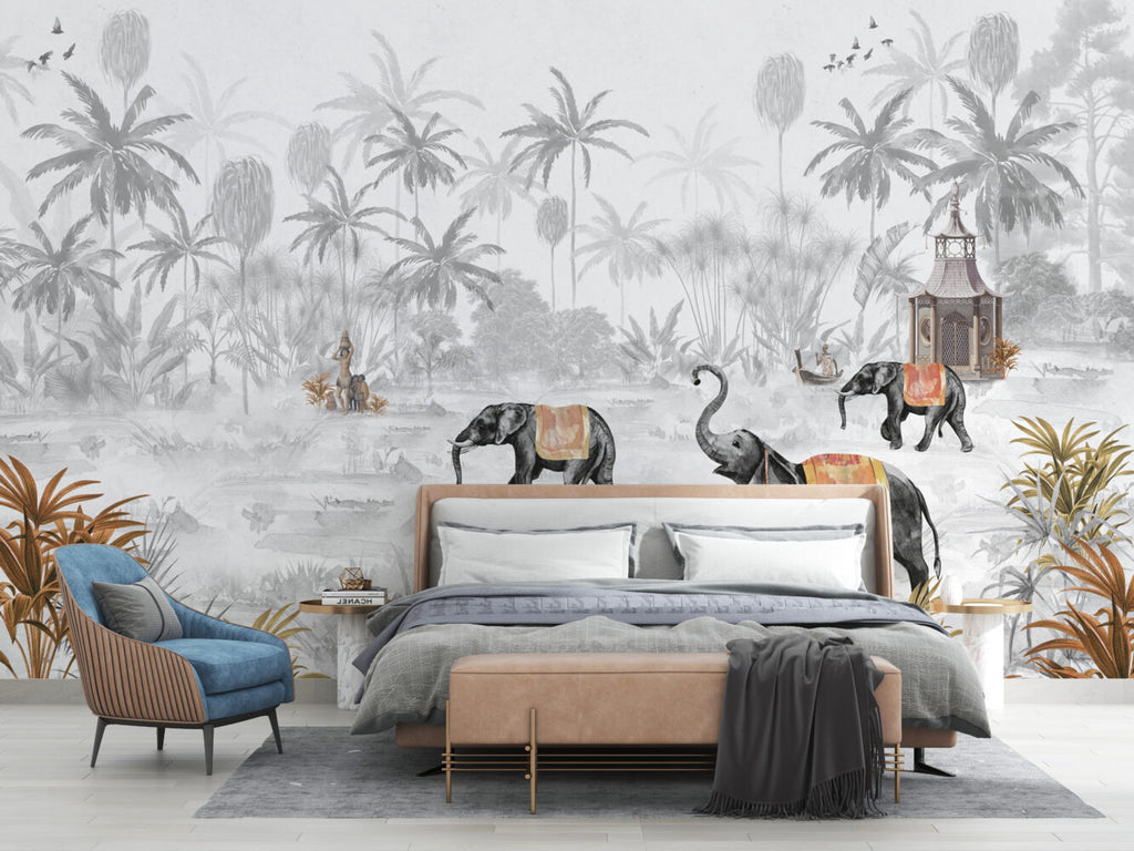 Grey Jungle Elephant Wallpaper : Misty Tropical Forest Mural - View 6