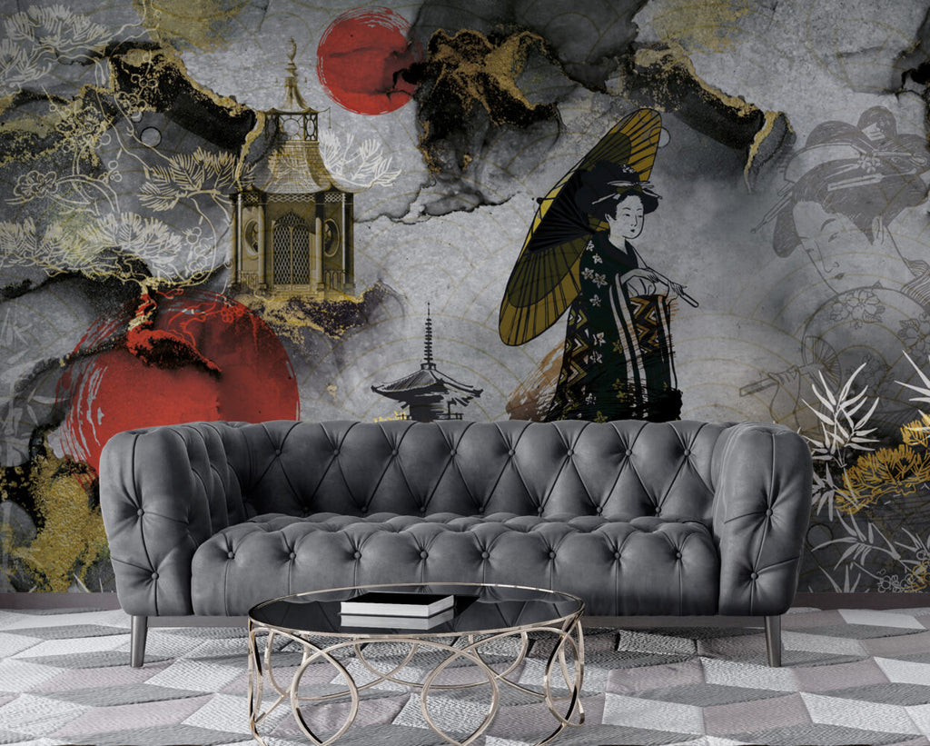 Geisha Chinoiserie Wallpaper : Marble Pagoda And Parasol Mural - View 4