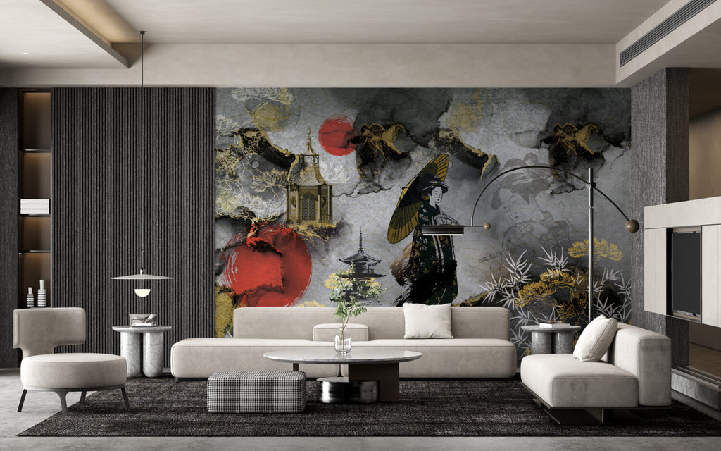 Geisha Chinoiserie Wallpaper : Marble Pagoda And Parasol Mural