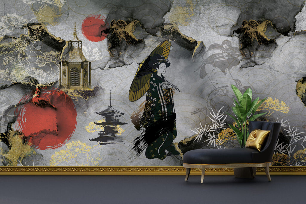 Geisha Chinoiserie Wallpaper : Marble Pagoda And Parasol Mural - View 6