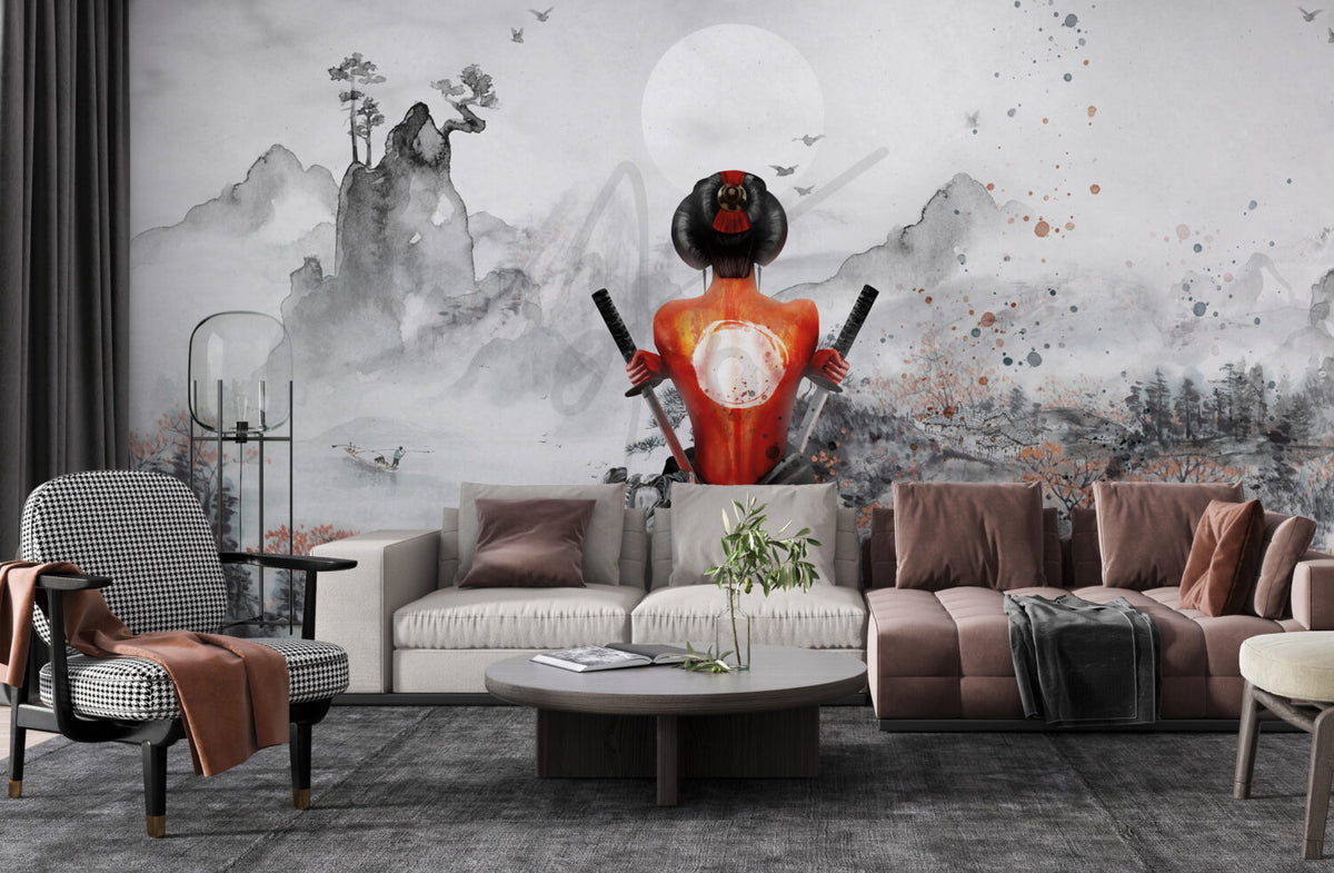 Samurai Woman Wallpaper : Red Ink Katana Art Mural - View 3