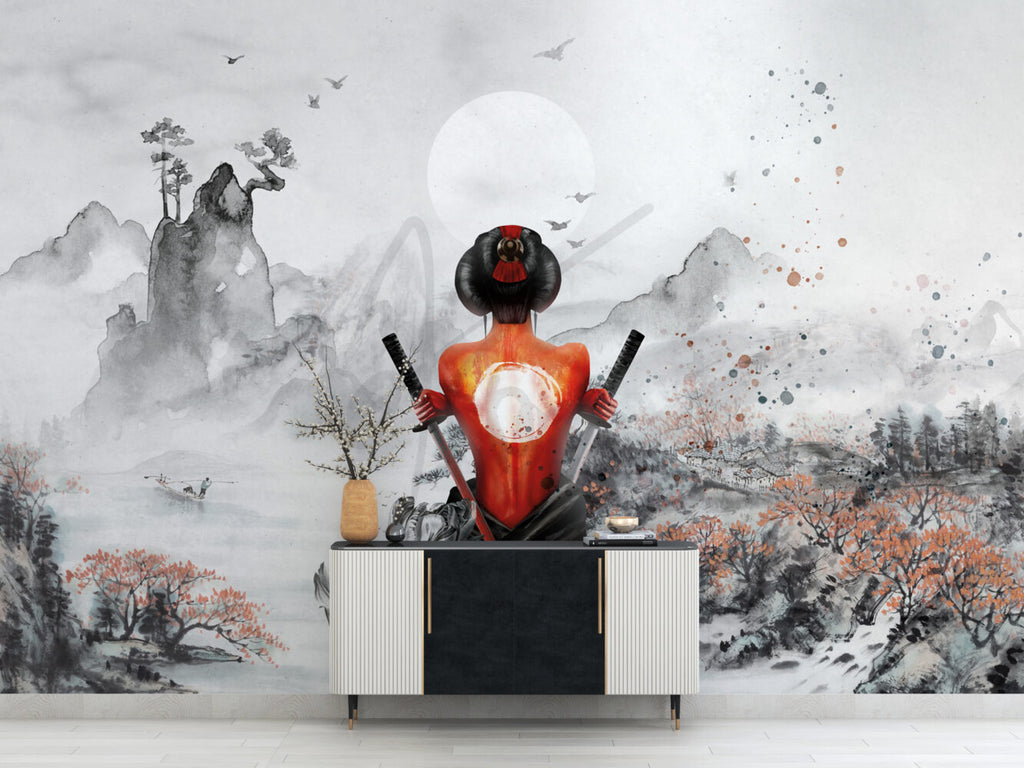 Samurai Woman Wallpaper : Red Ink Katana Art Mural - View 4