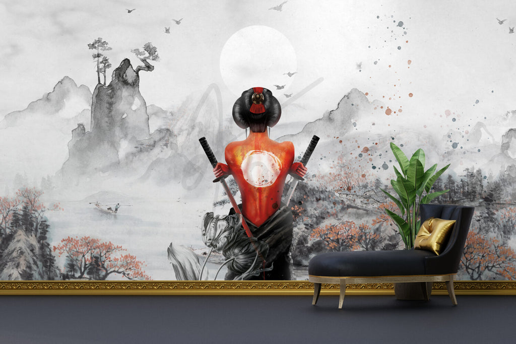 Samurai Woman Wallpaper : Red Ink Katana Art Mural - View 5
