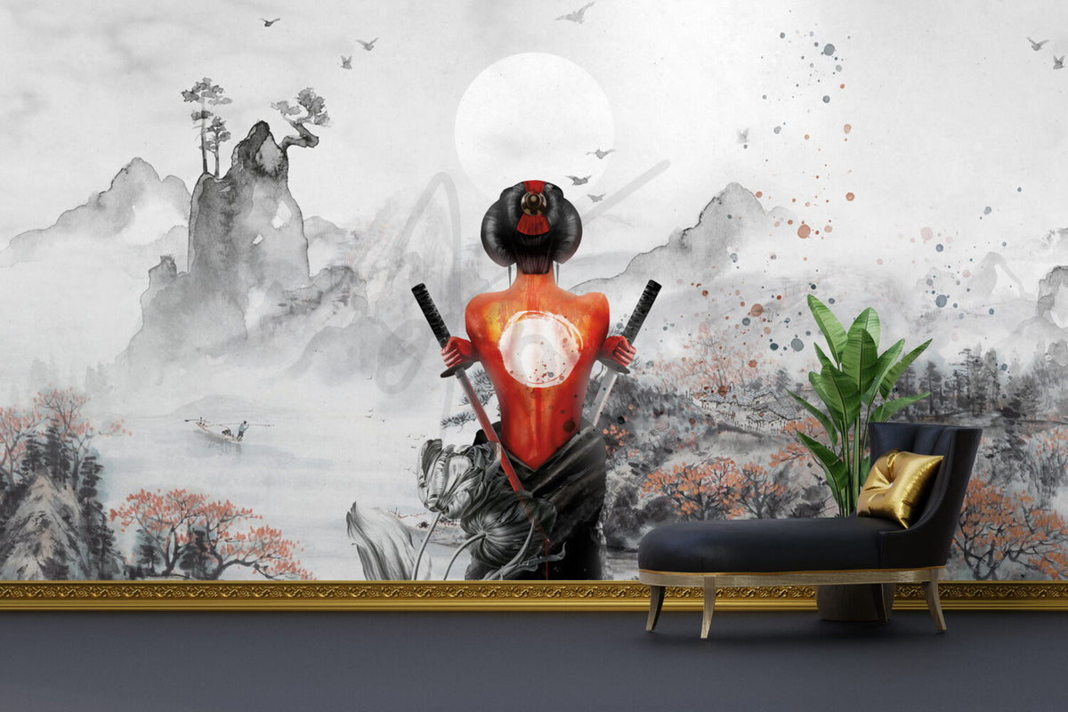 Samurai Woman Wallpaper : Red Ink Katana Art Mural - View 5