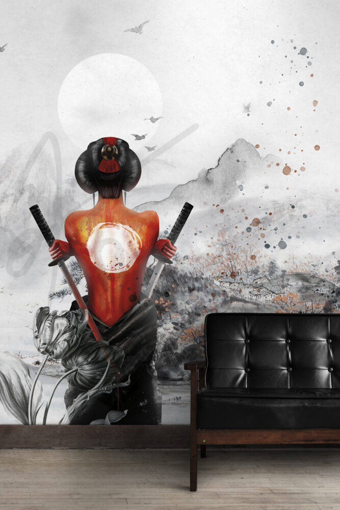 Samurai Woman Wallpaper : Red Ink Katana Art Mural