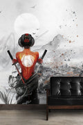 Samurai Woman Wallpaper : Red Ink Katana Art Mural
