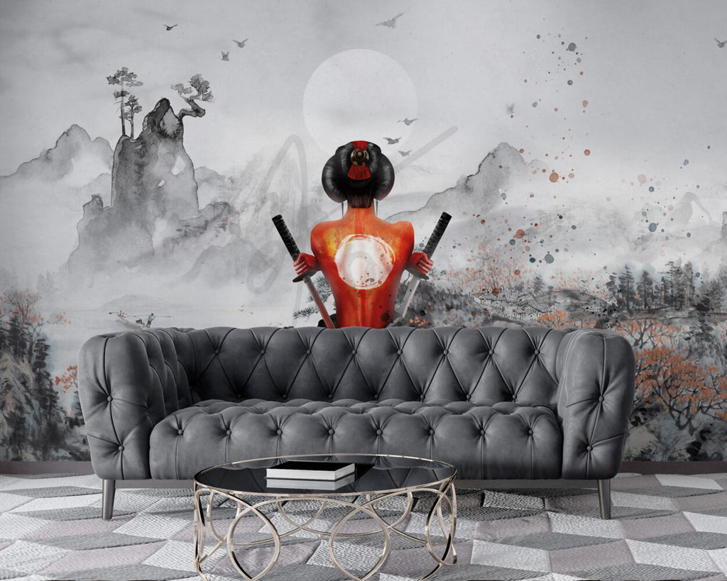 Samurai Woman Wallpaper : Red Ink Katana Art Mural - View 6