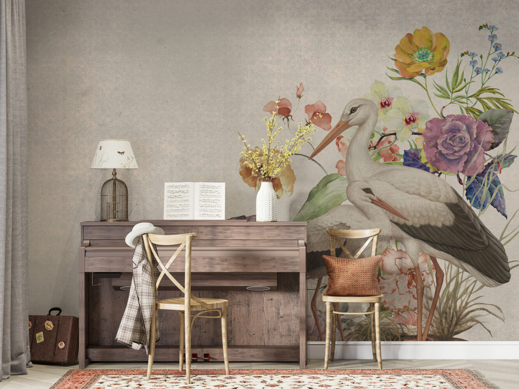 Beige Floral Wallpaper : Painted Poppies And Leaves Mural - View 5
