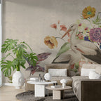 Beige Floral Wallpaper : Painted Poppies And Leaves Mural