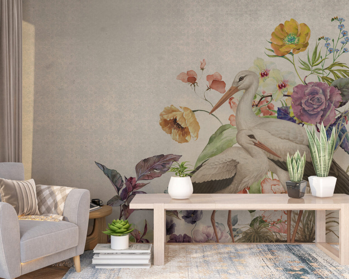 Beige Floral Wallpaper : Painted Poppies And Leaves Mural - View 6