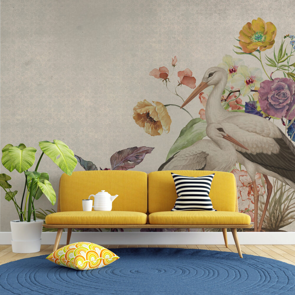 Beige Floral Wallpaper : Painted Poppies And Leaves Mural - View 3