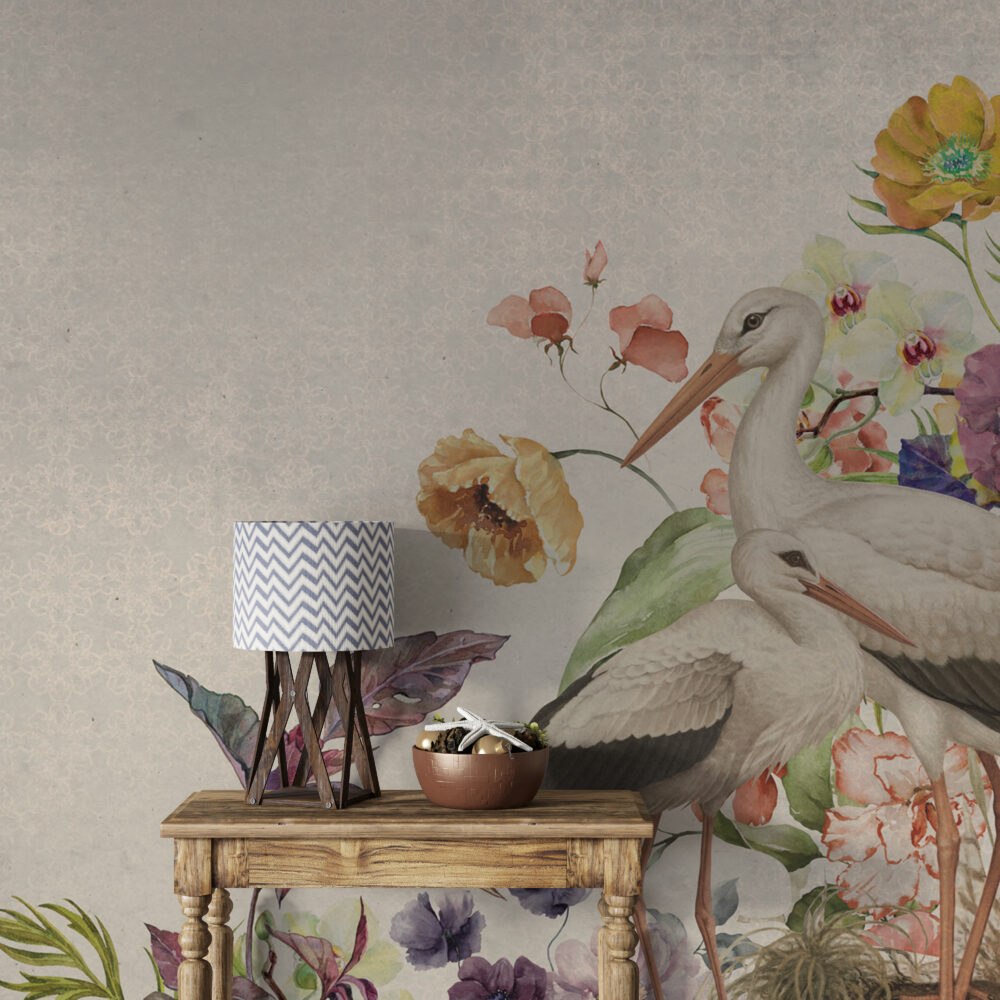 Beige Floral Wallpaper : Painted Poppies And Leaves Mural - View 4