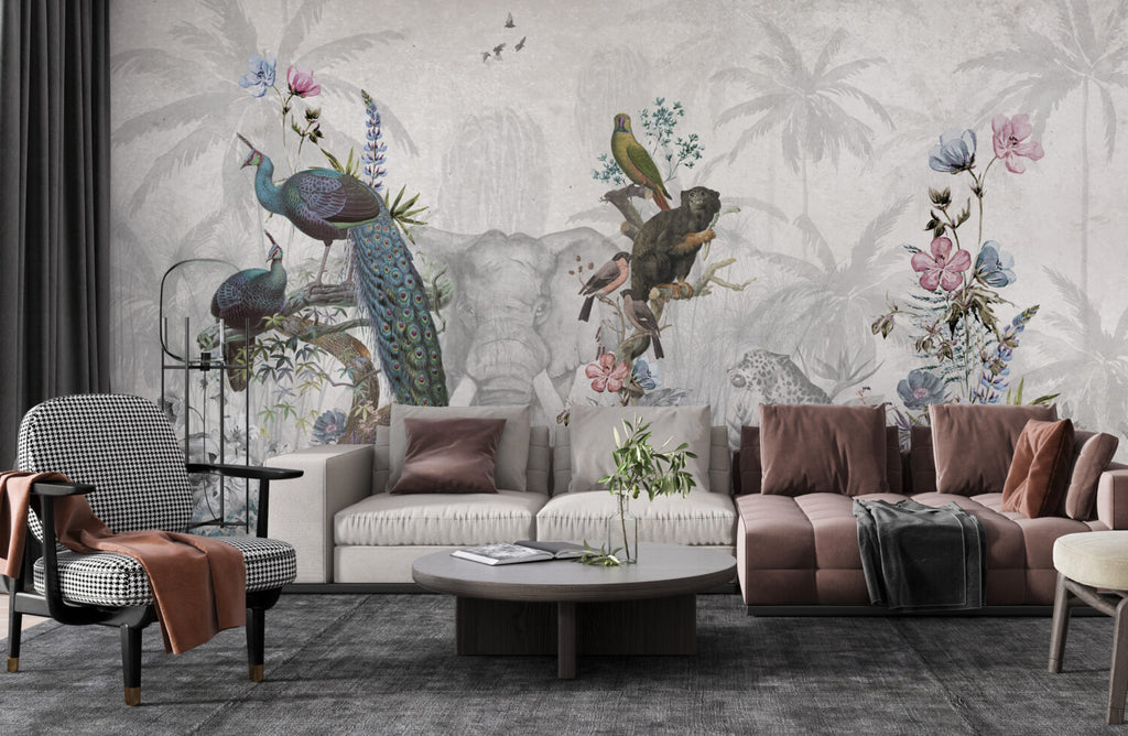 Elephant And Birds Wallpaper : Grey Botanical Animal Mural