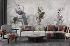 Elephant And Birds Wallpaper : Grey Botanical Animal Mural