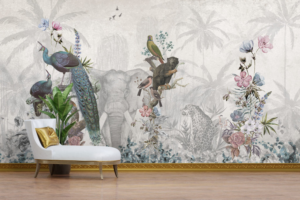 Elephant And Birds Wallpaper : Grey Botanical Animal Mural - View 3