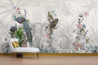 Elephant And Birds Wallpaper : Grey Botanical Animal Mural - View 3