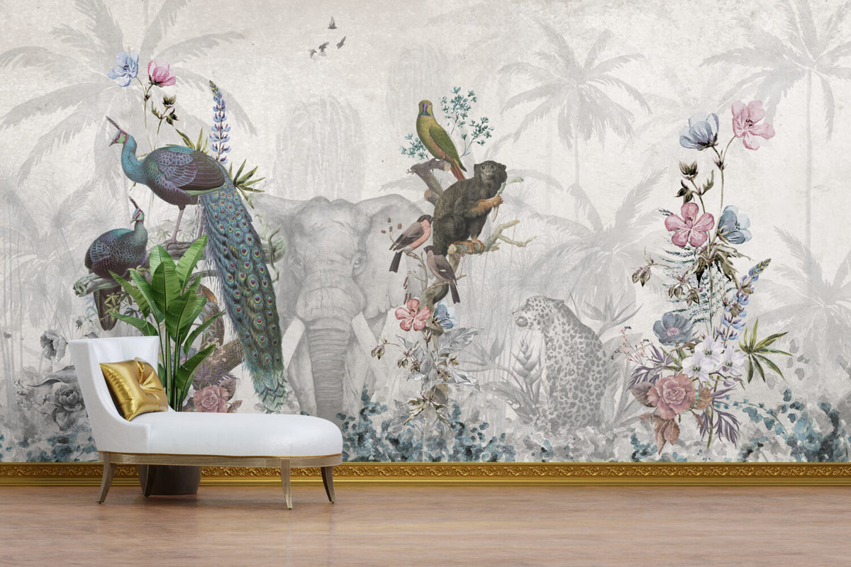 Elephant And Birds Wallpaper : Grey Botanical Animal Mural - View 3