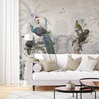 Elephant And Birds Wallpaper : Grey Botanical Animal Mural - View 4