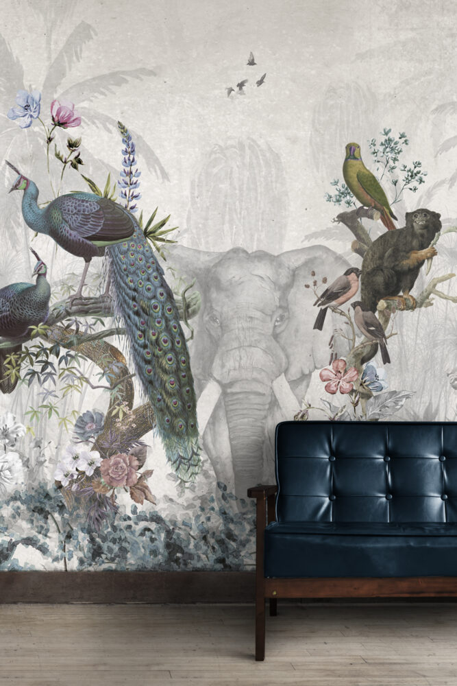 Elephant And Birds Wallpaper : Grey Botanical Animal Mural - View 5