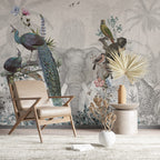 Elephant And Birds Wallpaper : Grey Botanical Animal Mural - View 6