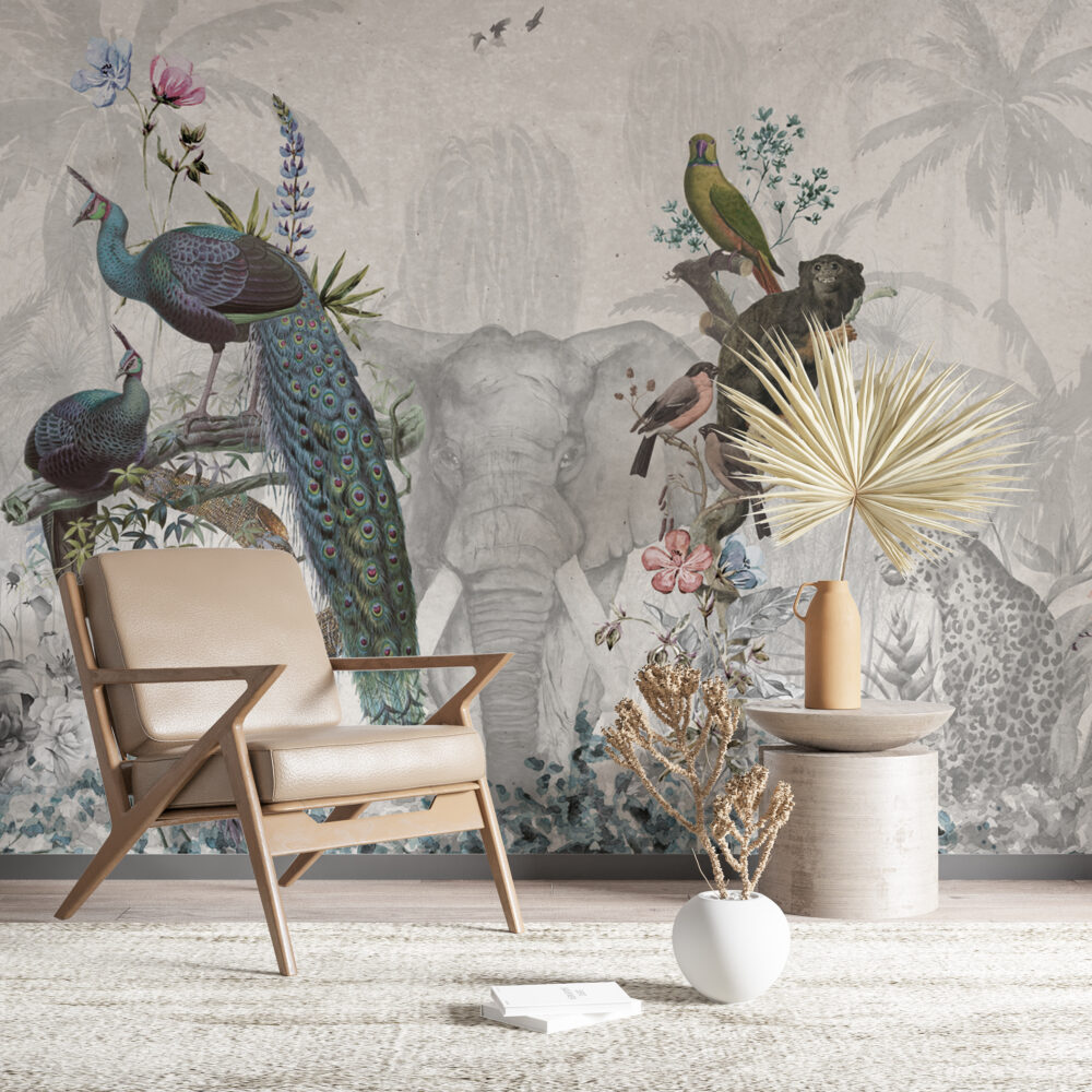 Elephant And Birds Wallpaper : Grey Botanical Animal Mural - View 6