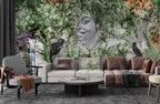 Jungle Face Wallpaper : Sketch Portrait With Tropical Leaves Mural