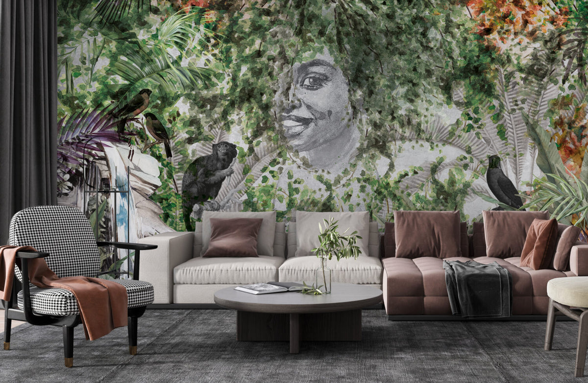 Jungle Face Wallpaper : Sketch Portrait With Tropical Leaves Mural