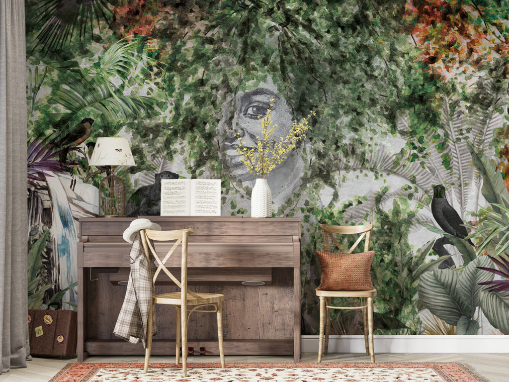 Jungle Face Wallpaper : Sketch Portrait With Tropical Leaves Mural - View 6