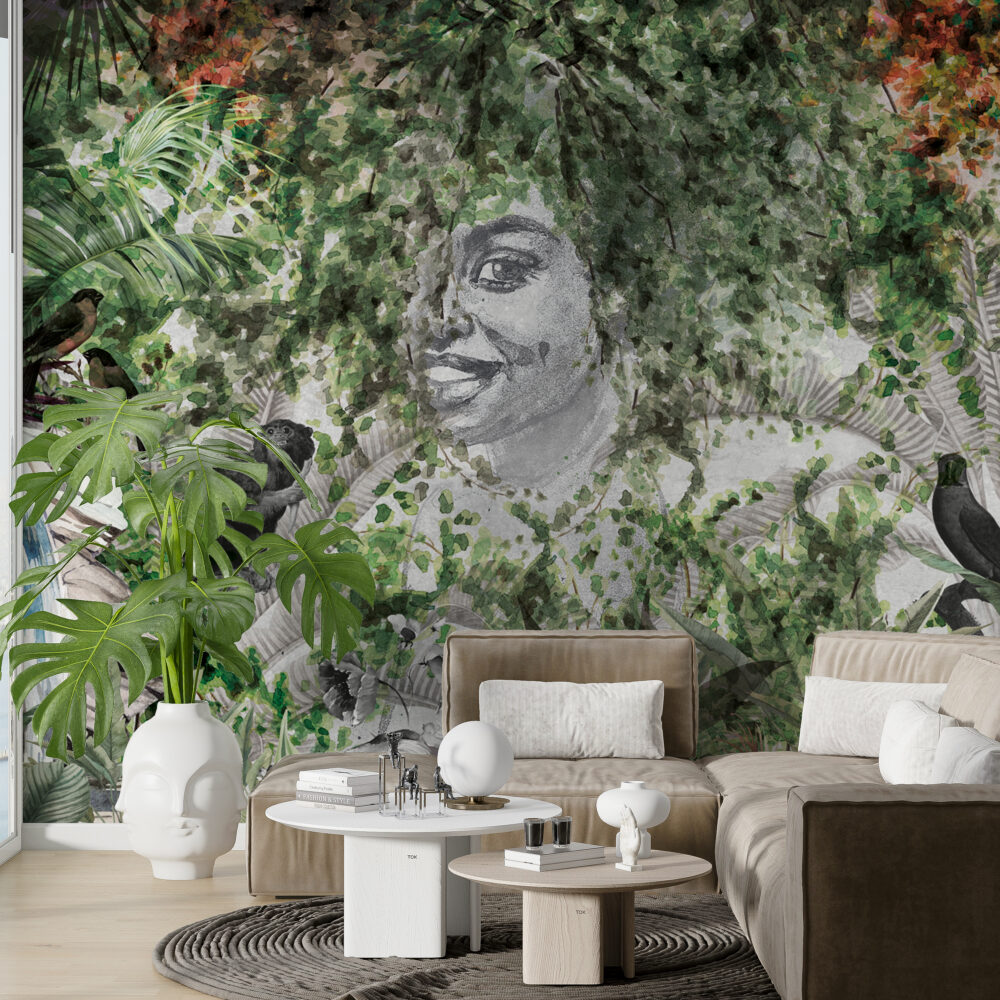 Jungle Face Wallpaper : Sketch Portrait With Tropical Leaves Mural - View 3