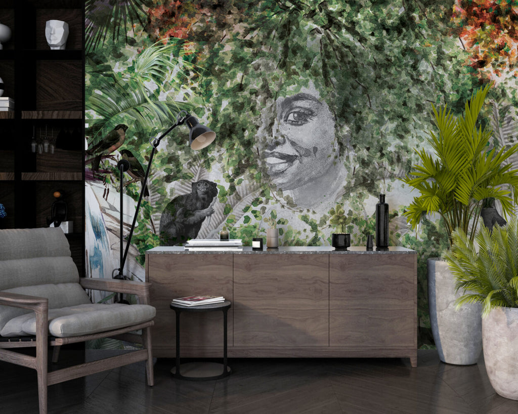 Jungle Face Wallpaper : Sketch Portrait With Tropical Leaves Mural - View 4