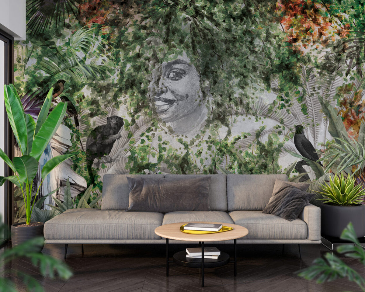 Jungle Face Wallpaper : Sketch Portrait With Tropical Leaves Mural - View 5