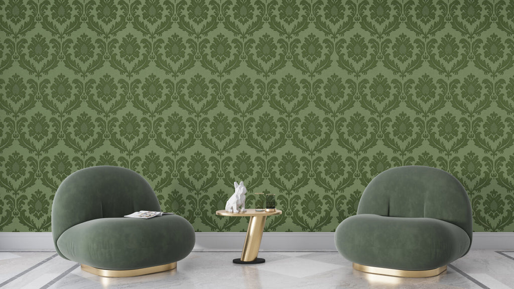 Green Damask Wallpaper : Classic Olive Floral Pattern - View 6