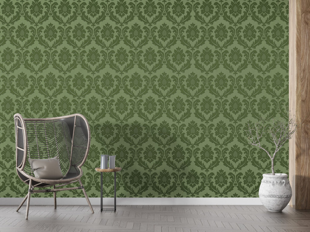 Green Damask Wallpaper : Classic Olive Floral Pattern - View 3