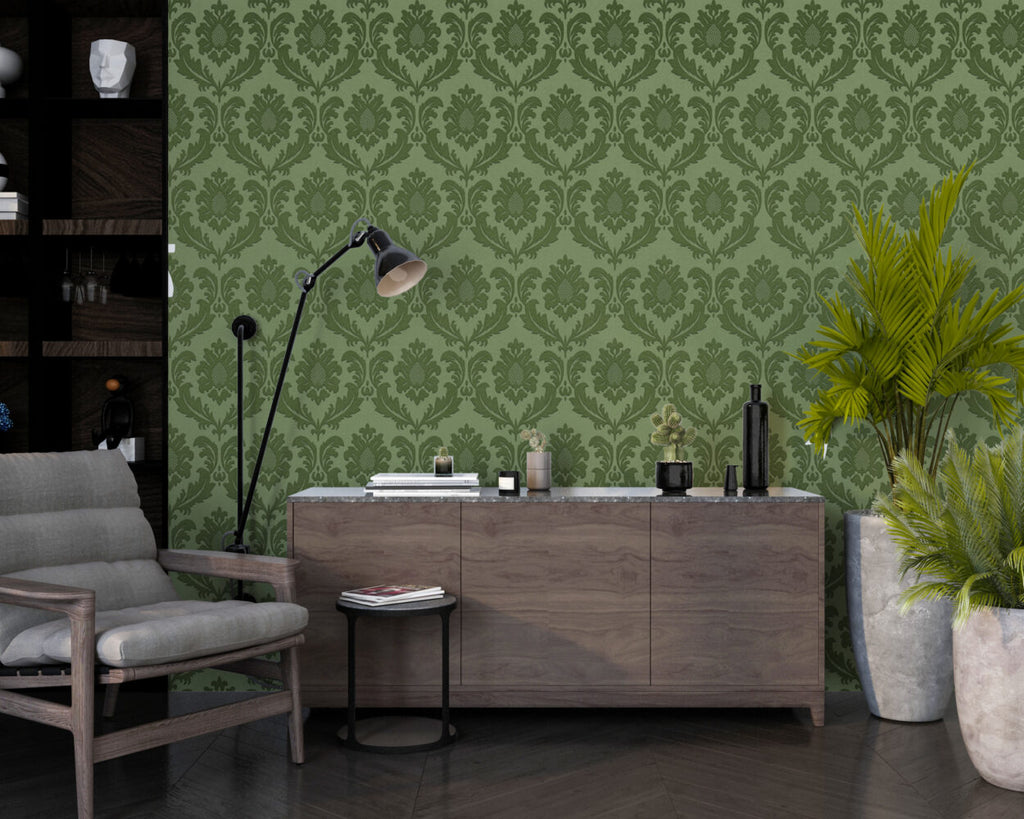 Green Damask Wallpaper : Classic Olive Floral Pattern - View 4