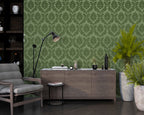 Green Damask Wallpaper : Classic Olive Floral Pattern - View 4